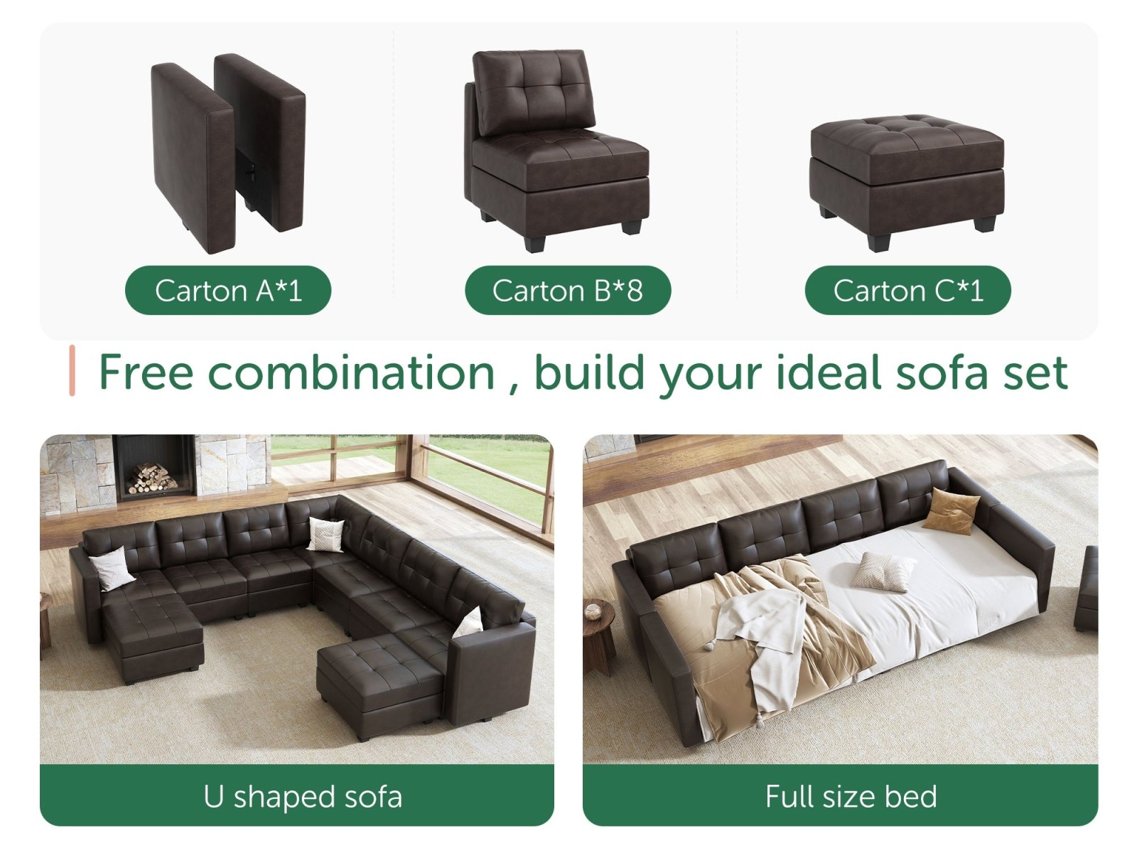 HONBAY 9-Piece Faux Leather Modular Sleeper Sectional Sofa With Storage Seat