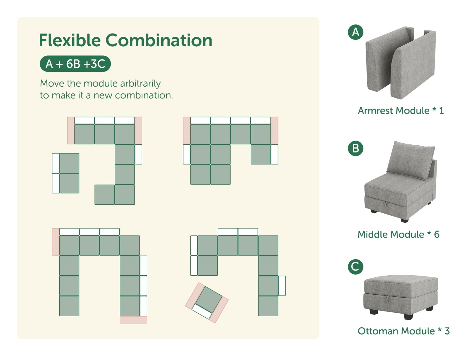 HONBAY 9-Piece Polyester Modular Sectional Sofa With Storage Seat