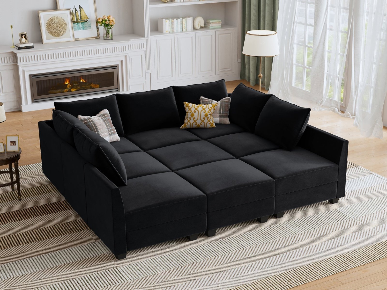 HONBAY Velvet 87'' Modular Sofa Sectional Bed Sleeper Couch With Storage Seat #Color_Black