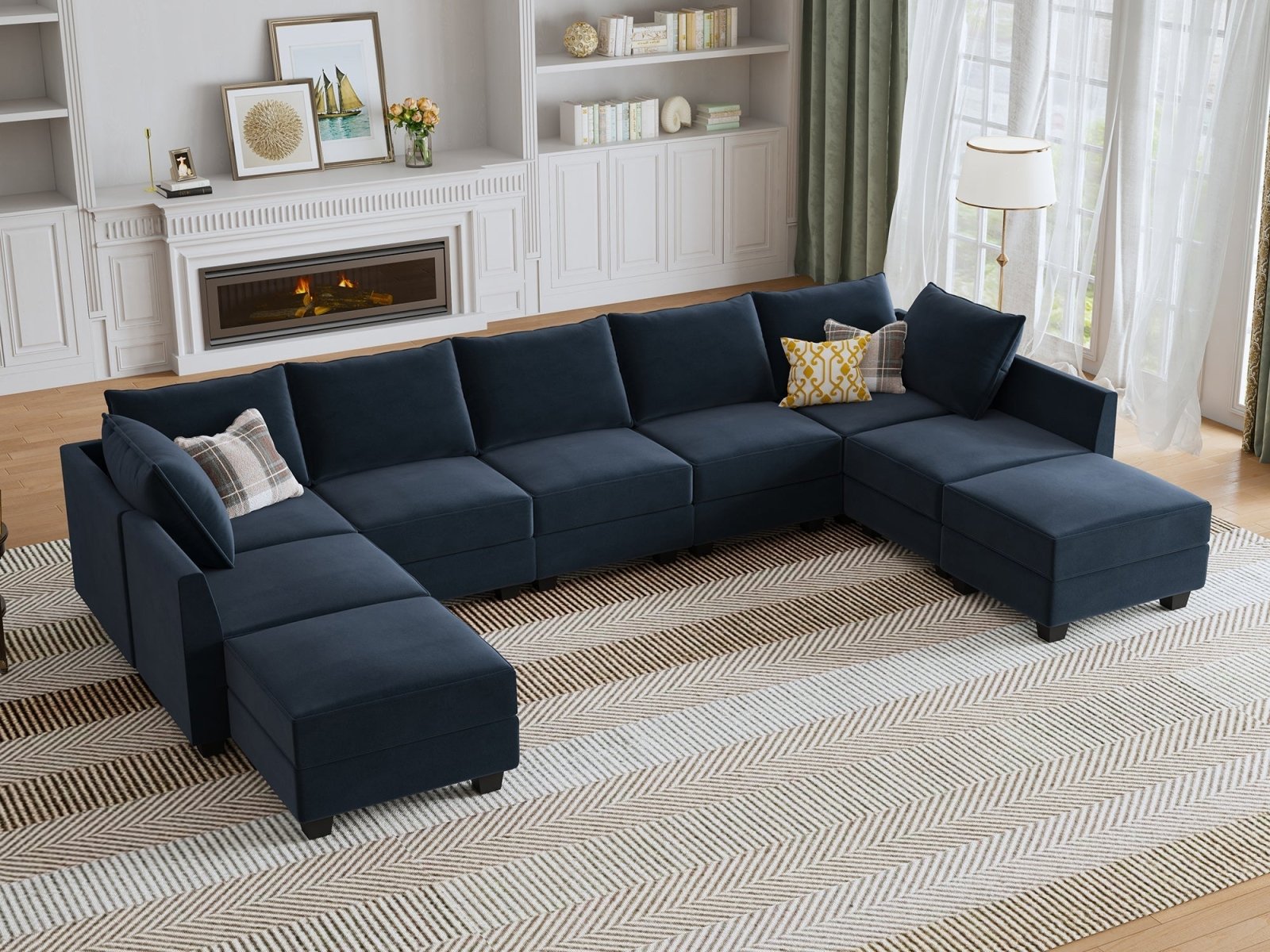 HONBAY Velvet 87'' Modular Sofa Sectional Bed Sleeper Couch With Storage Seat #Color_Dark Blue