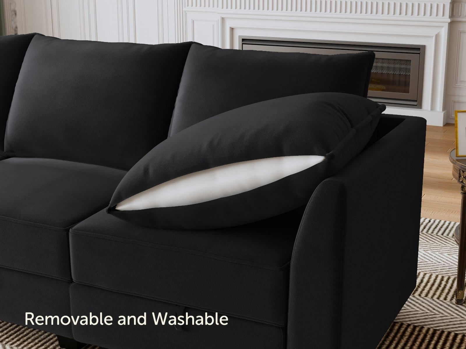 HONBAY Velvet 87'' Modular Sofa Sectional Bed Sleeper Couch With Storage Seat #Color_Black