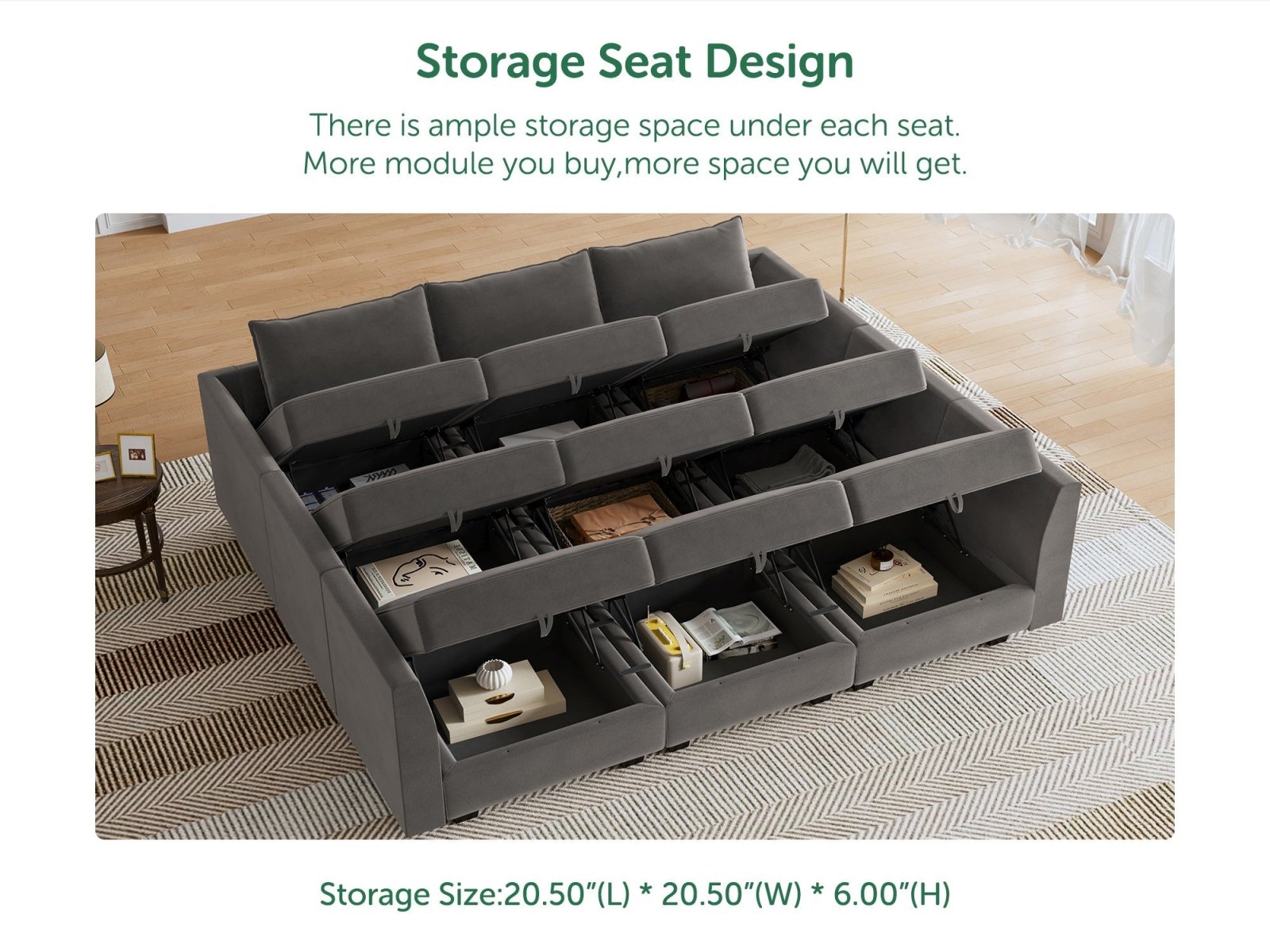 HONBAY Velvet 87'' Modular Sofa Sectional Bed Sleeper Couch With Storage Seat #Color_Grey