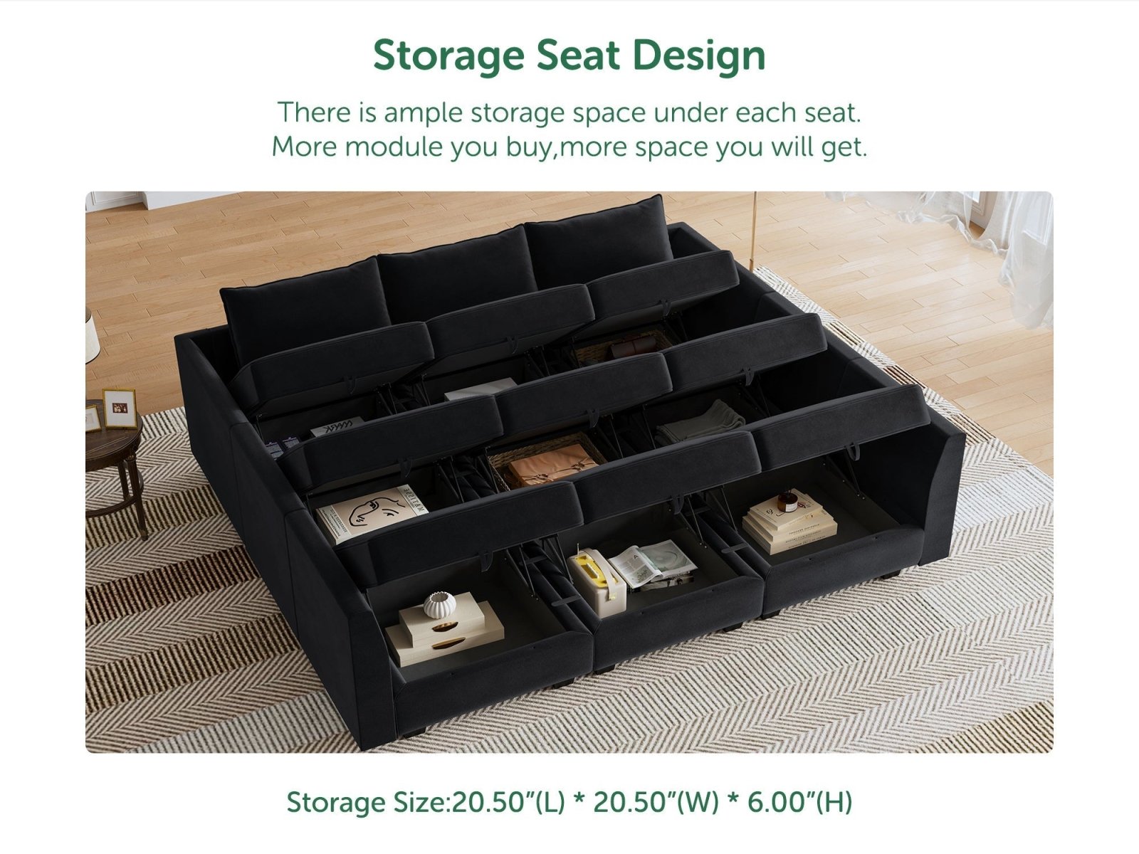 HONBAY Velvet 87'' Modular Sofa Sectional Bed Sleeper Couch With Storage Seat #Color_Black