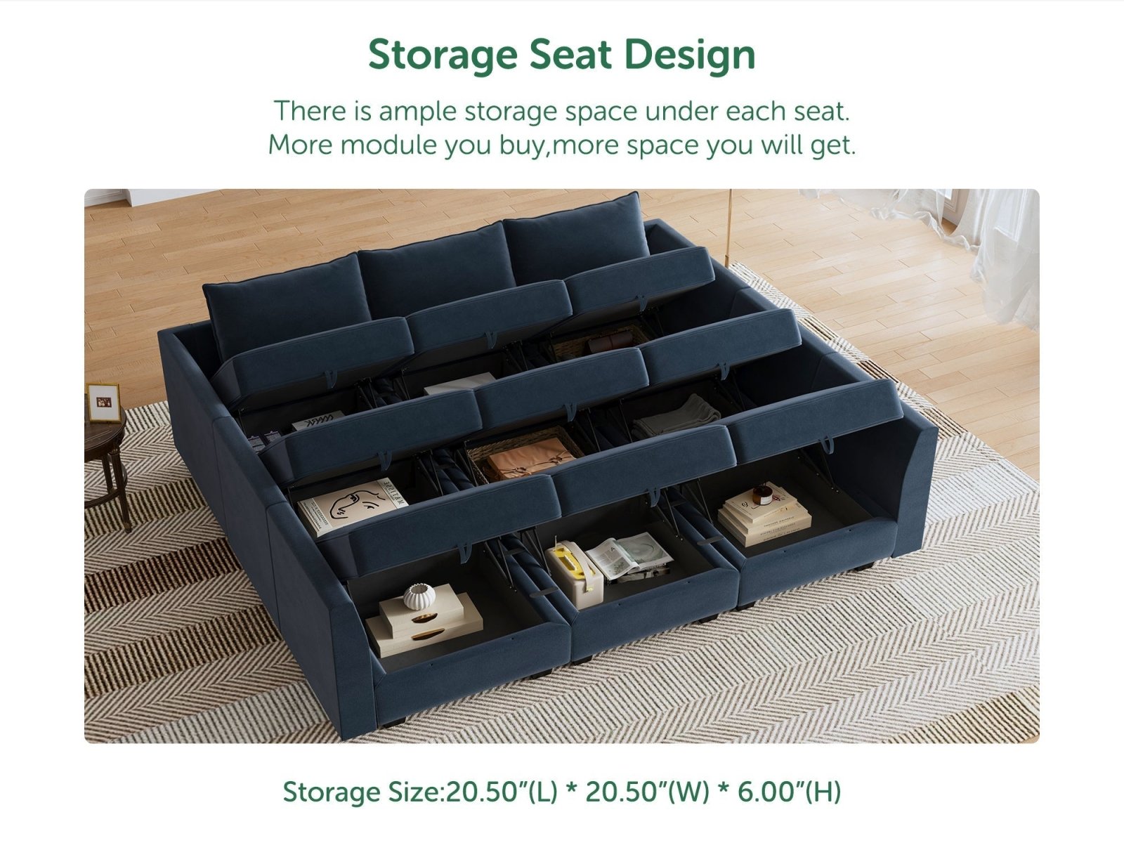 HONBAY Velvet 87'' Modular Sofa Sectional Bed Sleeper Couch With Storage Seat #Color_Dark Blue