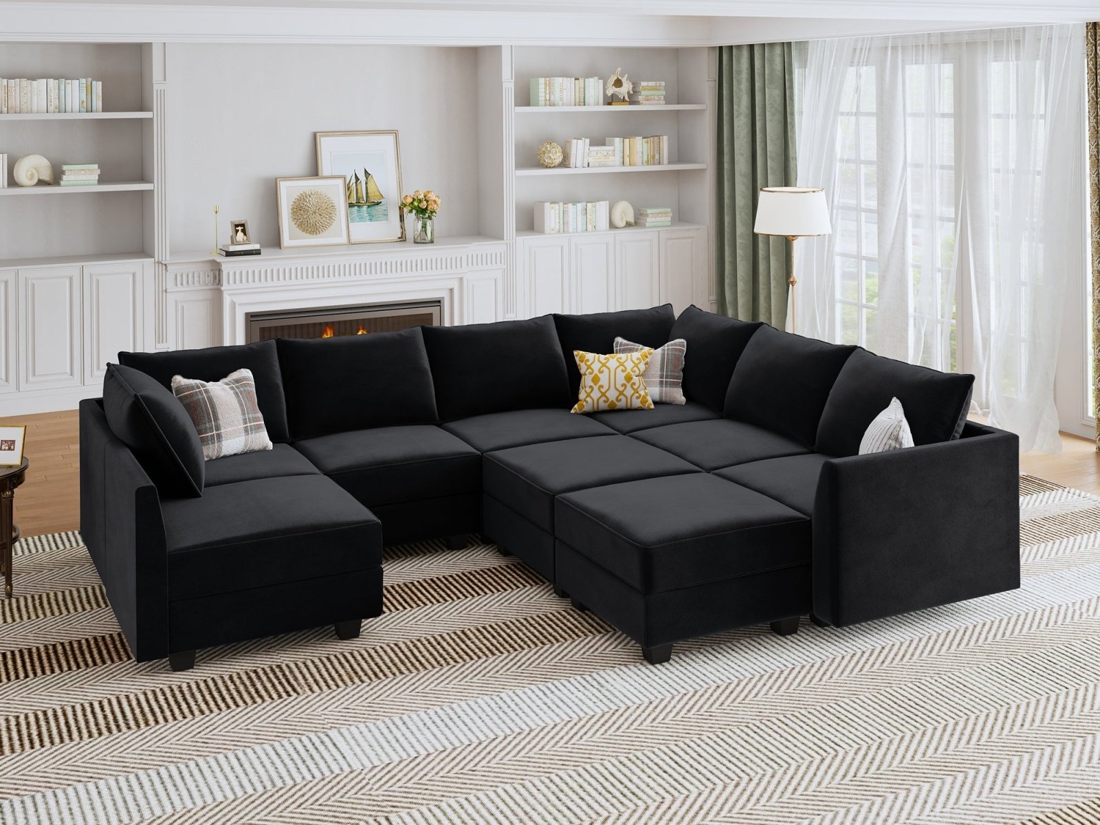 HONBAY Velvet 7-Seat Modular Sofa Corner Sectional Couch With Storage Seat #Color_Black