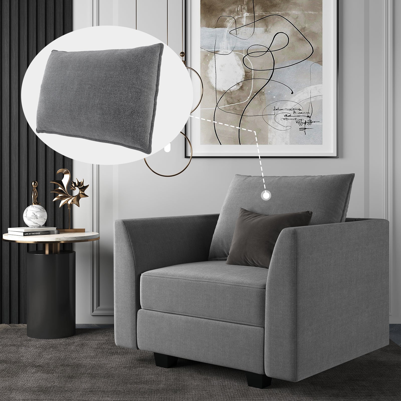 HONBAY Modular Sofa Couch with Grey Back Cushion Pillow
