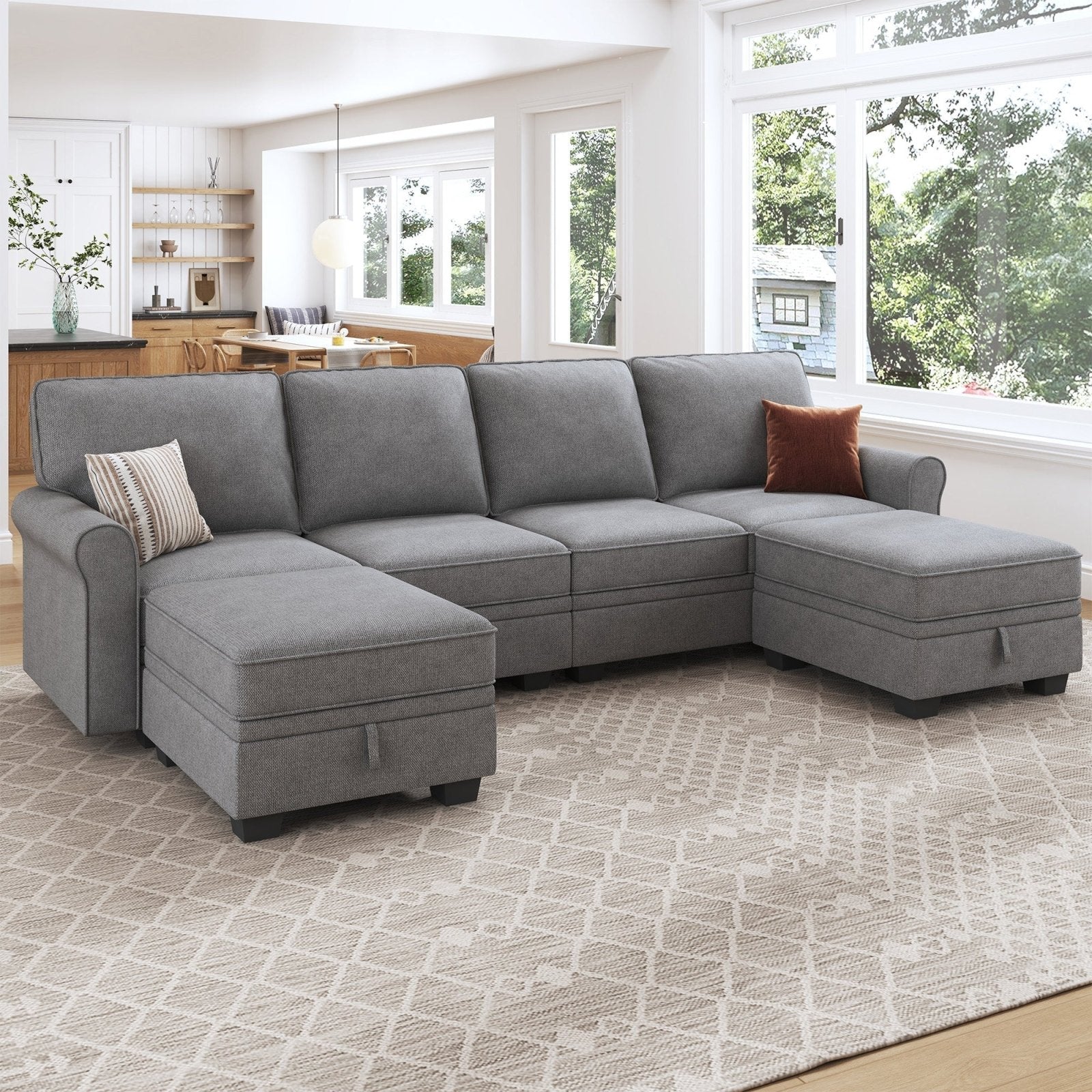 HONBAY Modern Storage Sectional Sofa Couch U-Shaped with Storage Ottomans for Living Room Furniture Sets, Light Grey