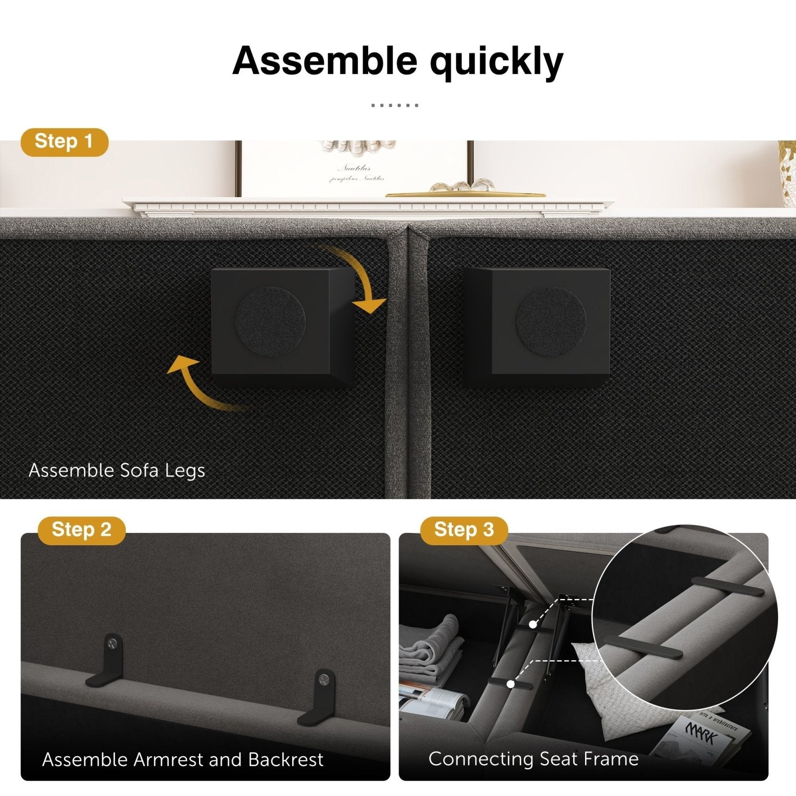 HONBAY Modern Velvet Sectional Sofa Couch with Reversible Chaise and Storage Ottomans for Living Room, Grey