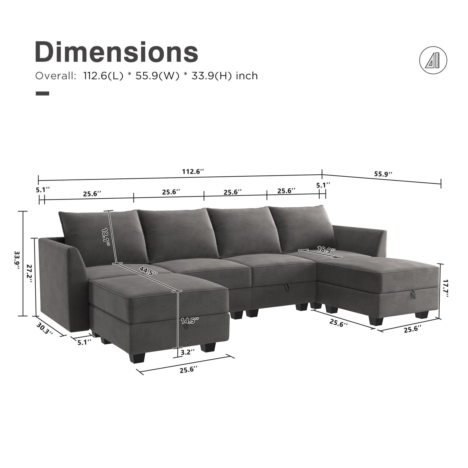 HONBAY Modern Velvet Sectional Sofa Couch with Reversible Chaise and Storage Ottomans for Living Room, Grey