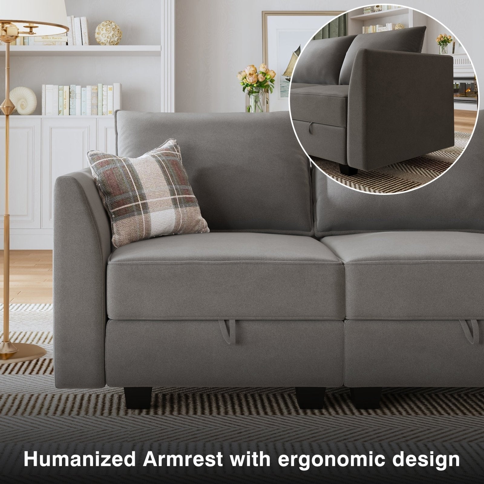 HONBAY Modern Velvet Sectional Sofa Couch with Reversible Chaise and Storage Ottomans for Living Room, Grey