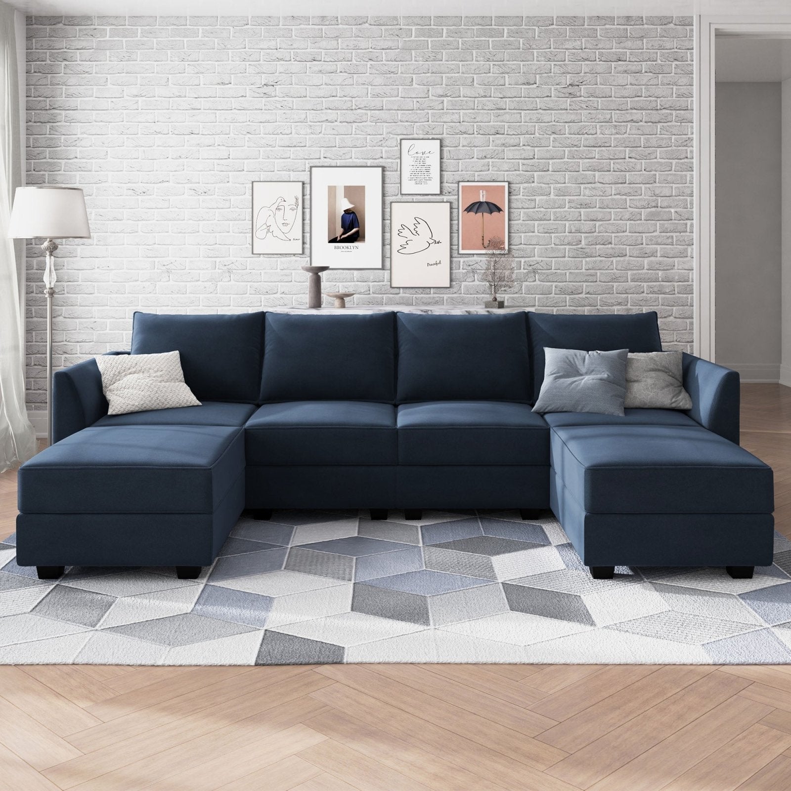 HONBAY Velvet 4 Seater U-Shaped Modular Sectional Sofa for Living Room