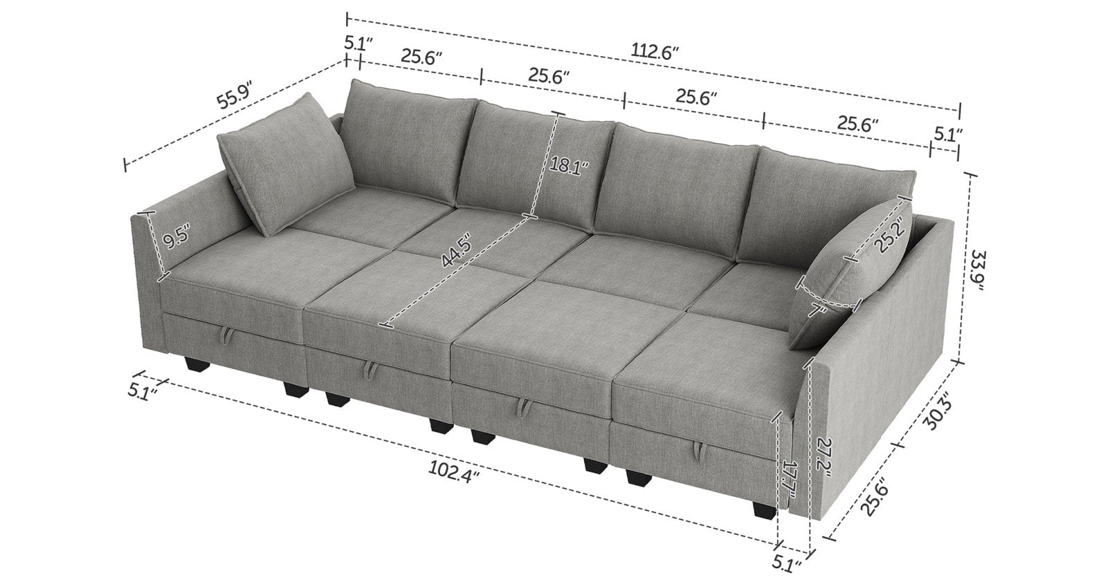 HONBAY Polyester Modular Sleeper Sectional Sofa With Storage Seat