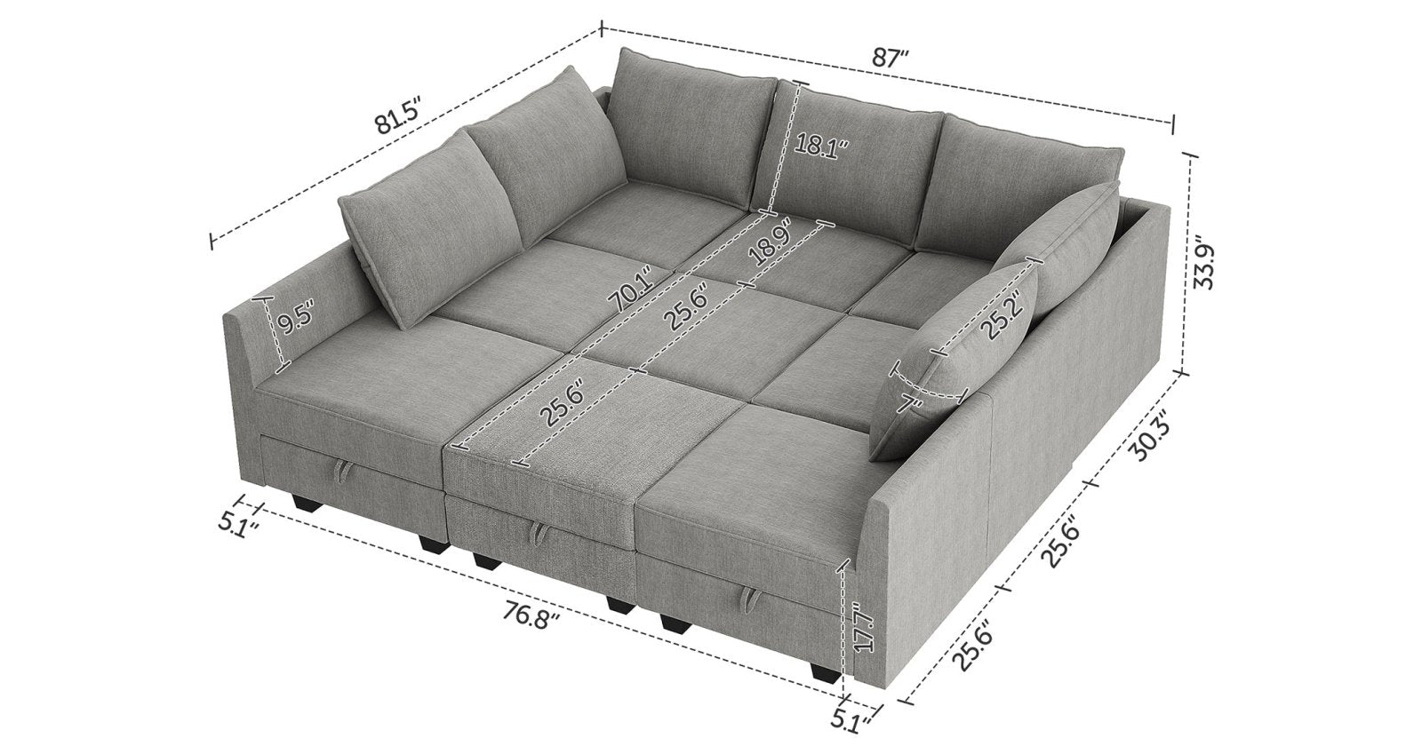 HONBAY Polyester Modular Sleeper Sectional With Storage Seat With Dimensions