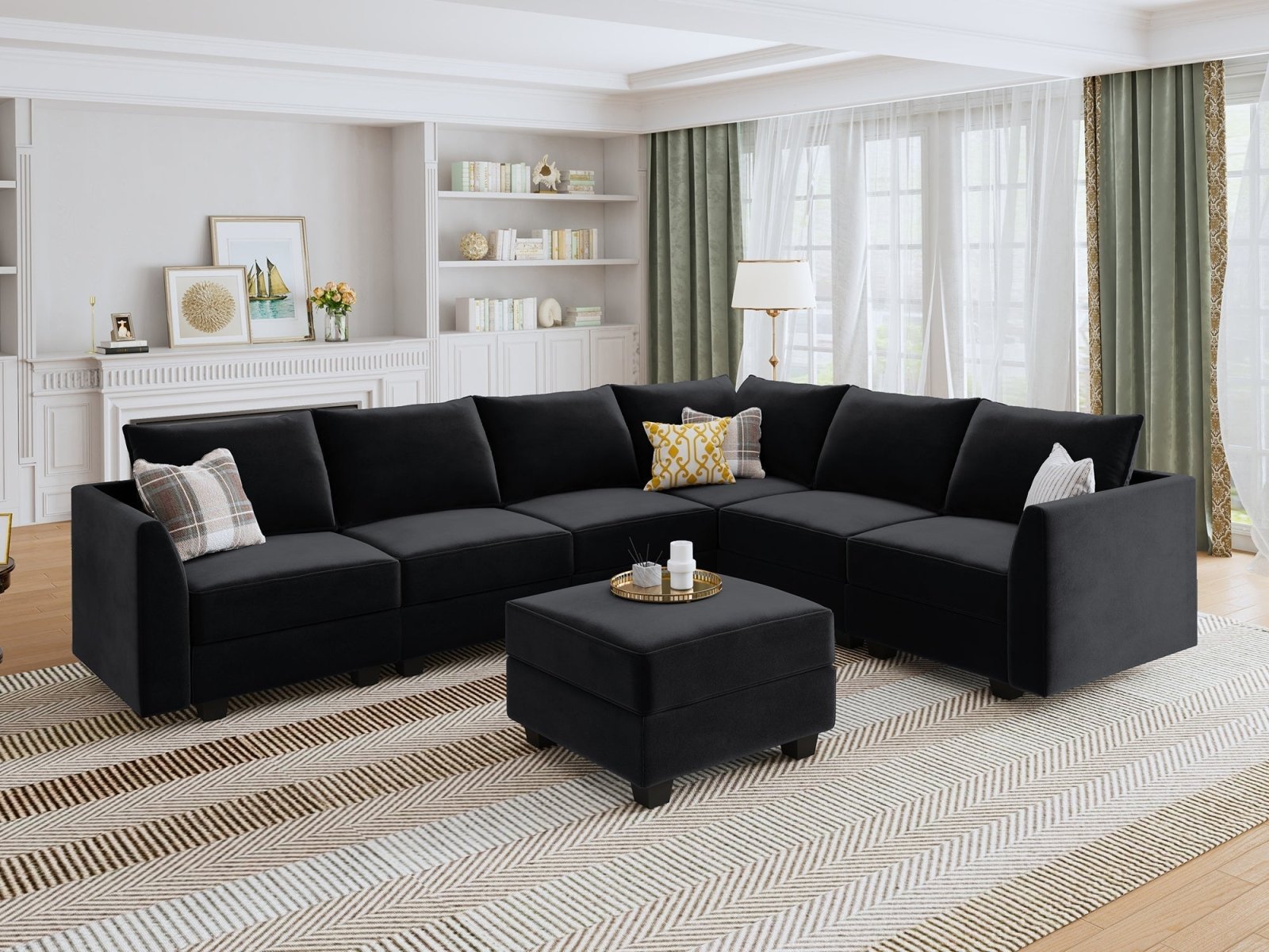 HONBAY Velvet 6-Seat Convertible Modular Sofa with Storage Seat #Color_Black