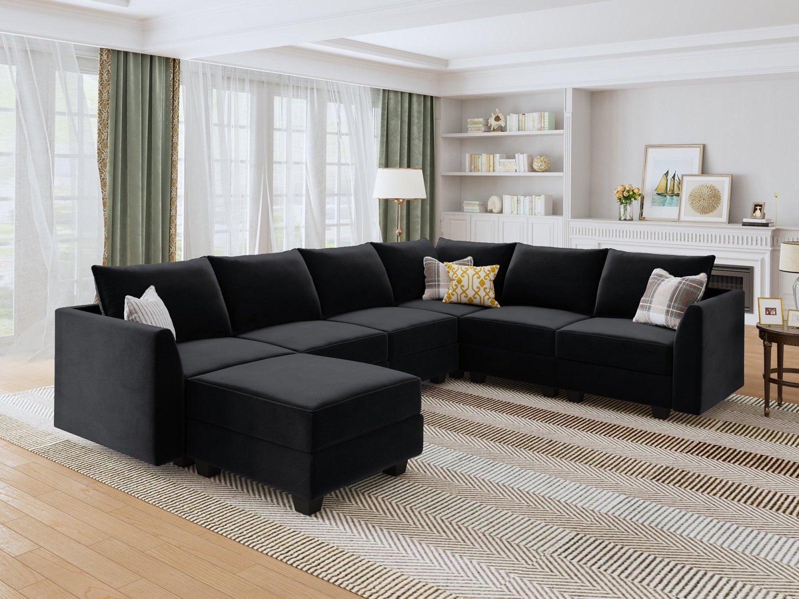 HONBAY Velvet 6-Seat Convertible Modular Sofa with Storage Seat #Color_Black