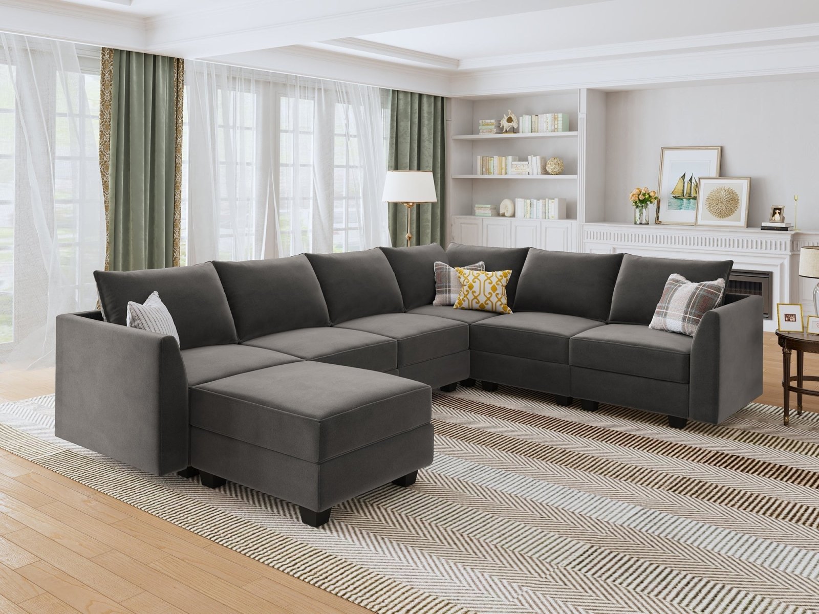 HONBAY Velvet 6-Seat Convertible Modular Sofa with Storage Seat #Color_Grey