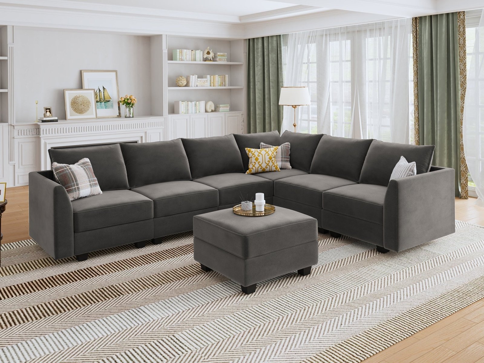 HONBAY Velvet 6-Seat Convertible Modular Sofa with Storage Seat #Color_Grey