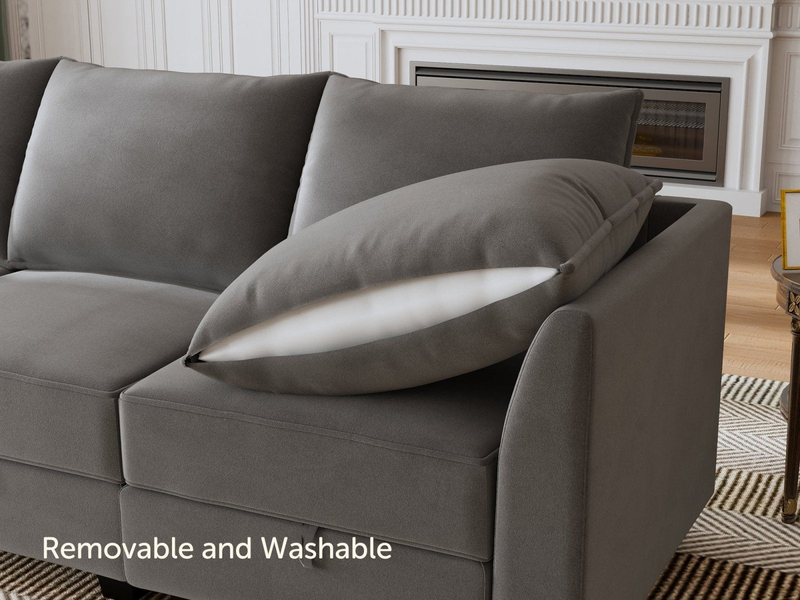 HONBAY Velvet 6-Seat Convertible Modular Sofa with Storage Seat #Color_Grey