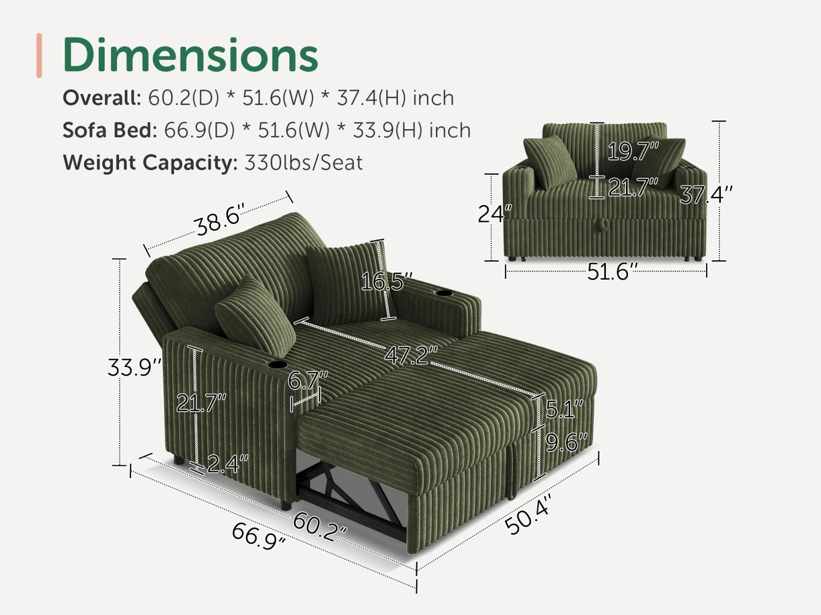Wide Plush Corduroy Pull-out Sleeper Loveseat
#Color_Corduroy Green