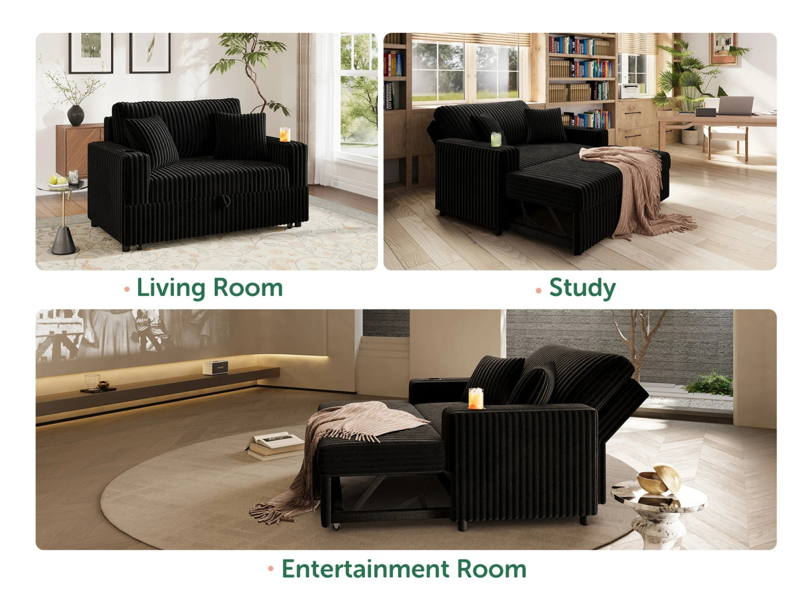 HONBAY Wide Plush Corduroy Modular Pull-out Sleeper Loveseat Sofa With Adjustable Backrest