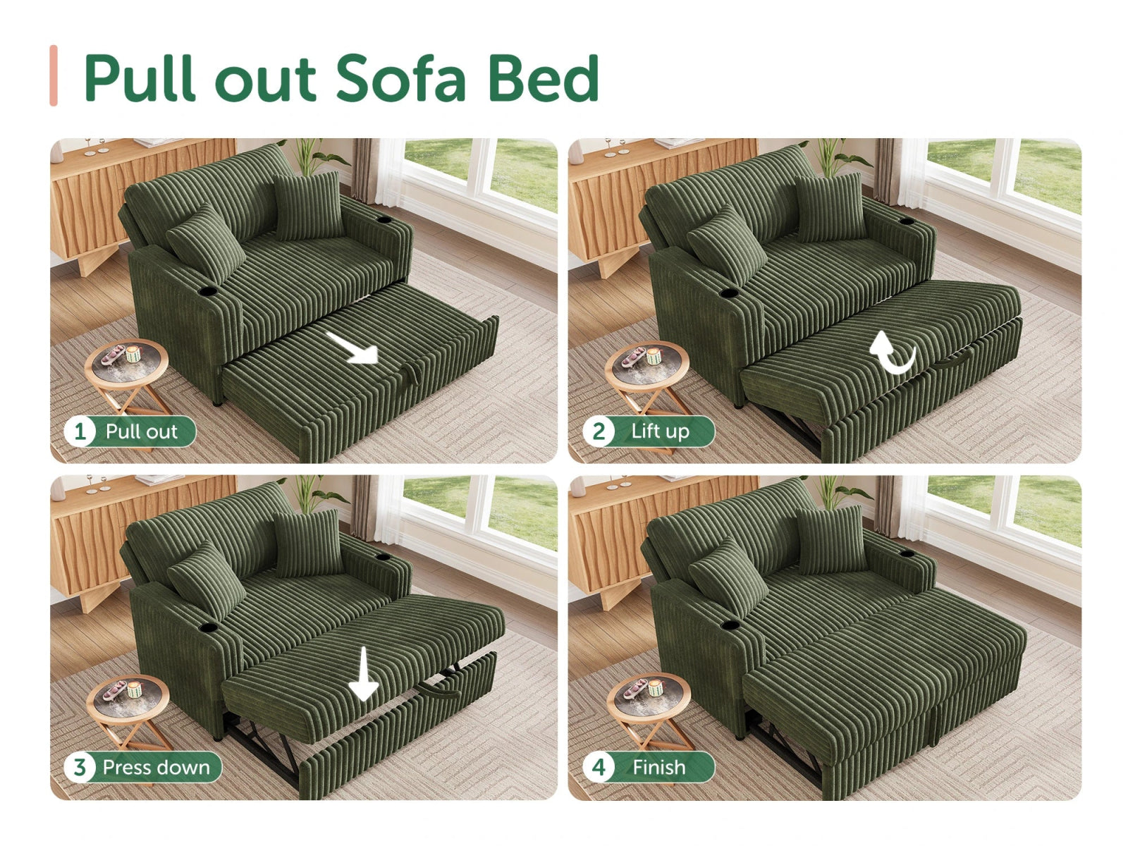 Wide Plush Corduroy Pull-out Sleeper Loveseat
#Color_Corduroy Green