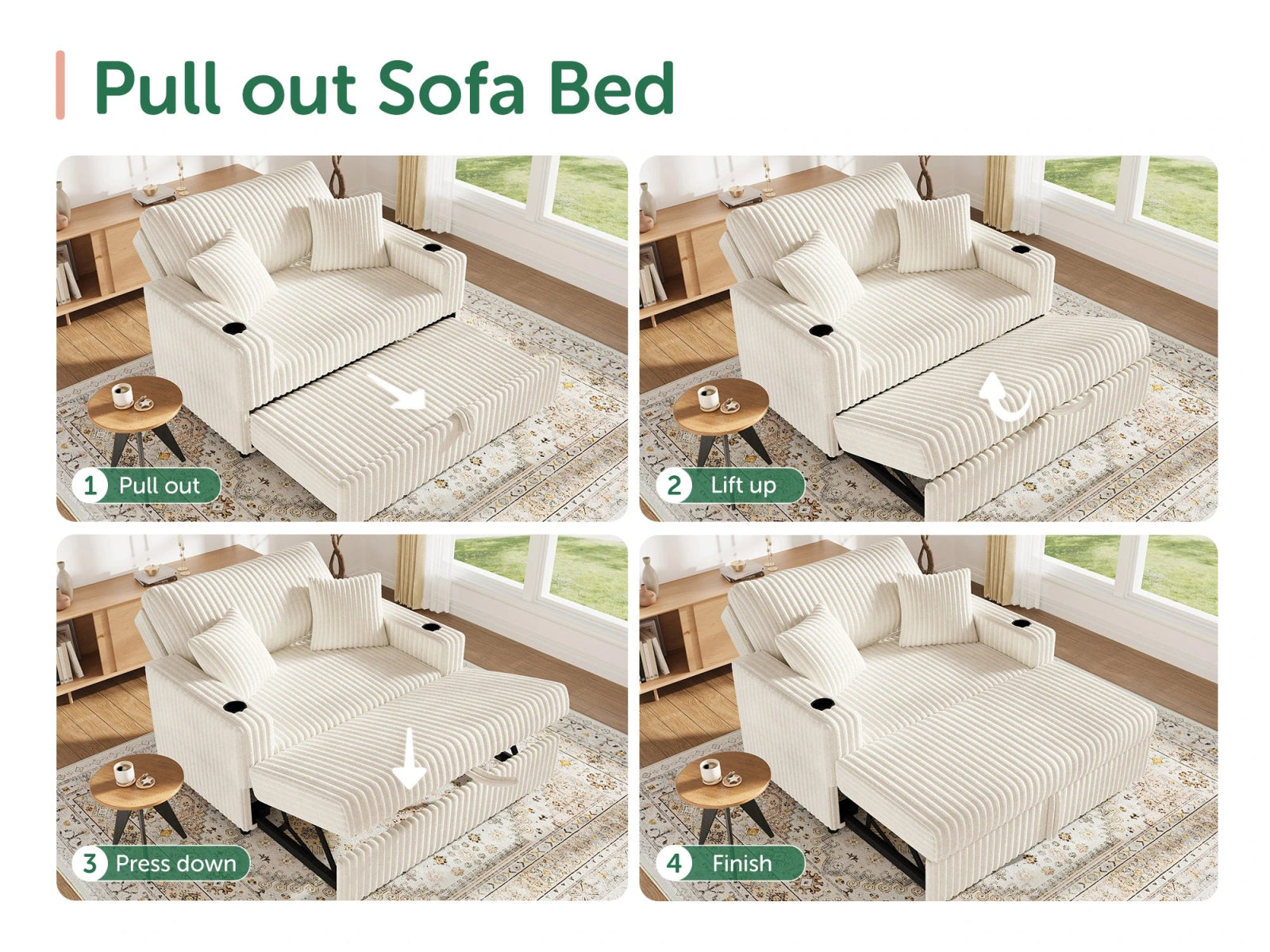 Wide Plush Corduroy Pull-out Sleeper Loveseat
#Color_Corduroy White
