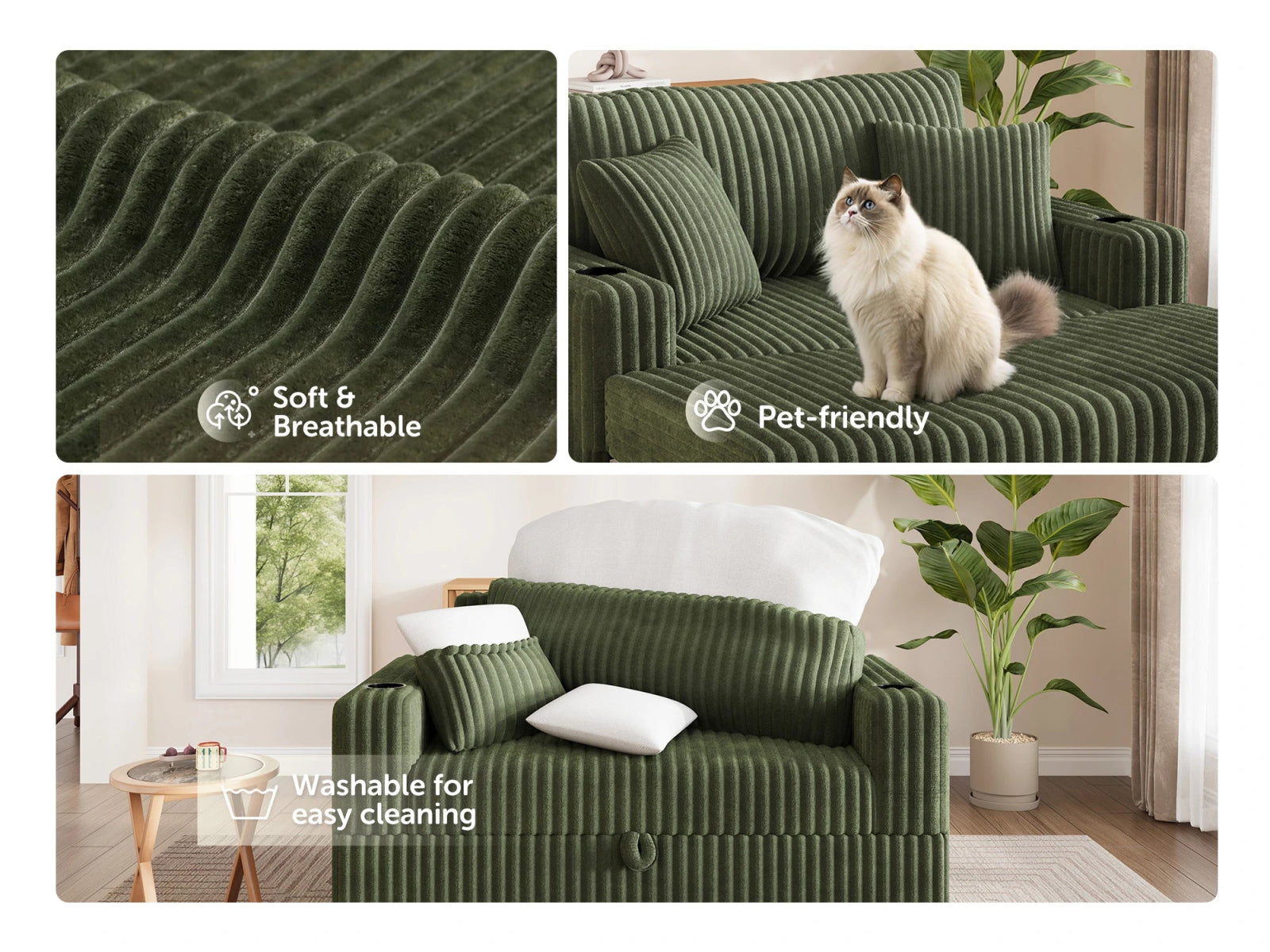 Wide Plush Corduroy Pull-out Sleeper Loveseat
#Color_Corduroy Green