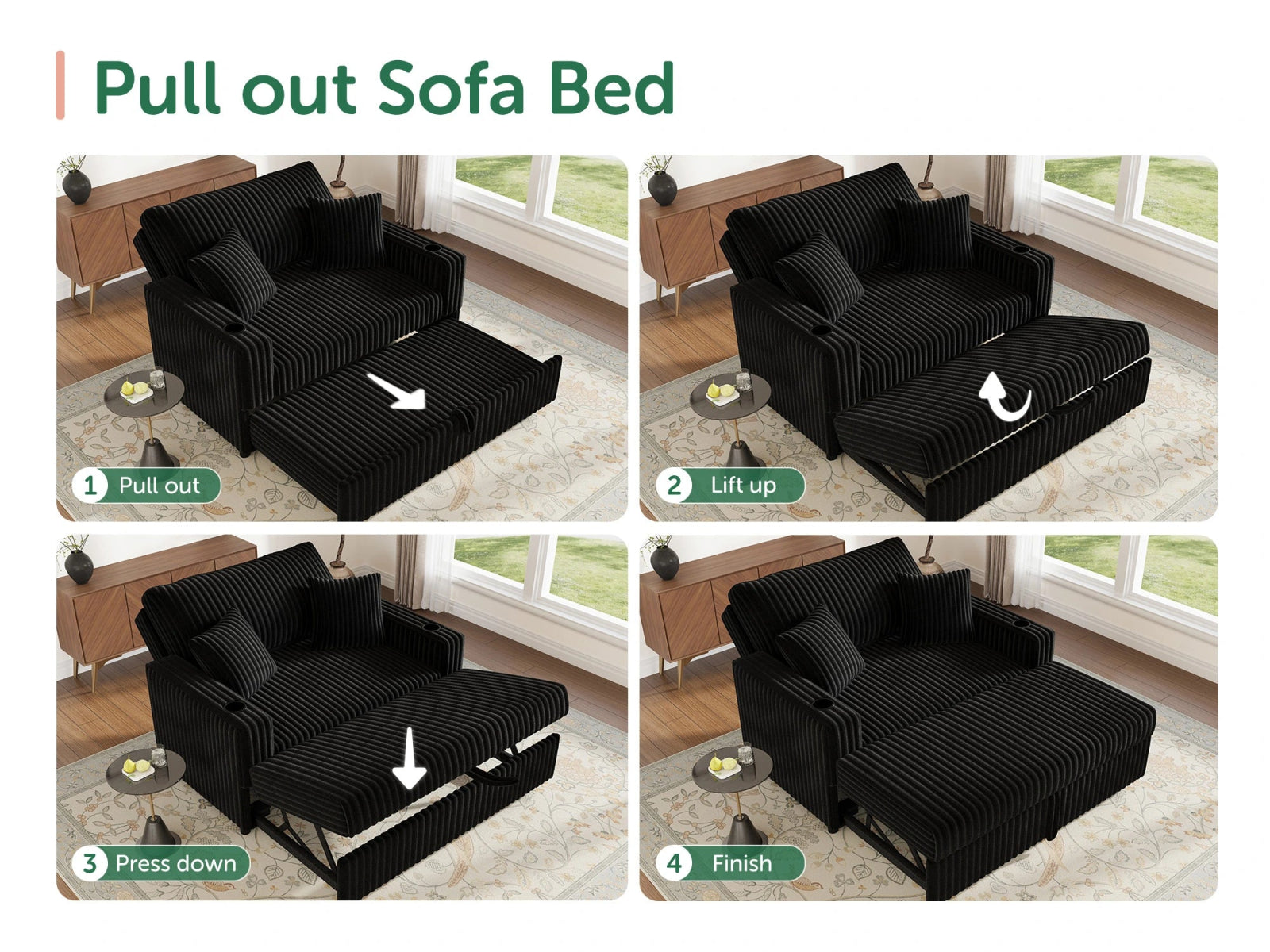 Wide Plush Corduroy Pull-out Sleeper Loveseat
#Color_Corduroy Black