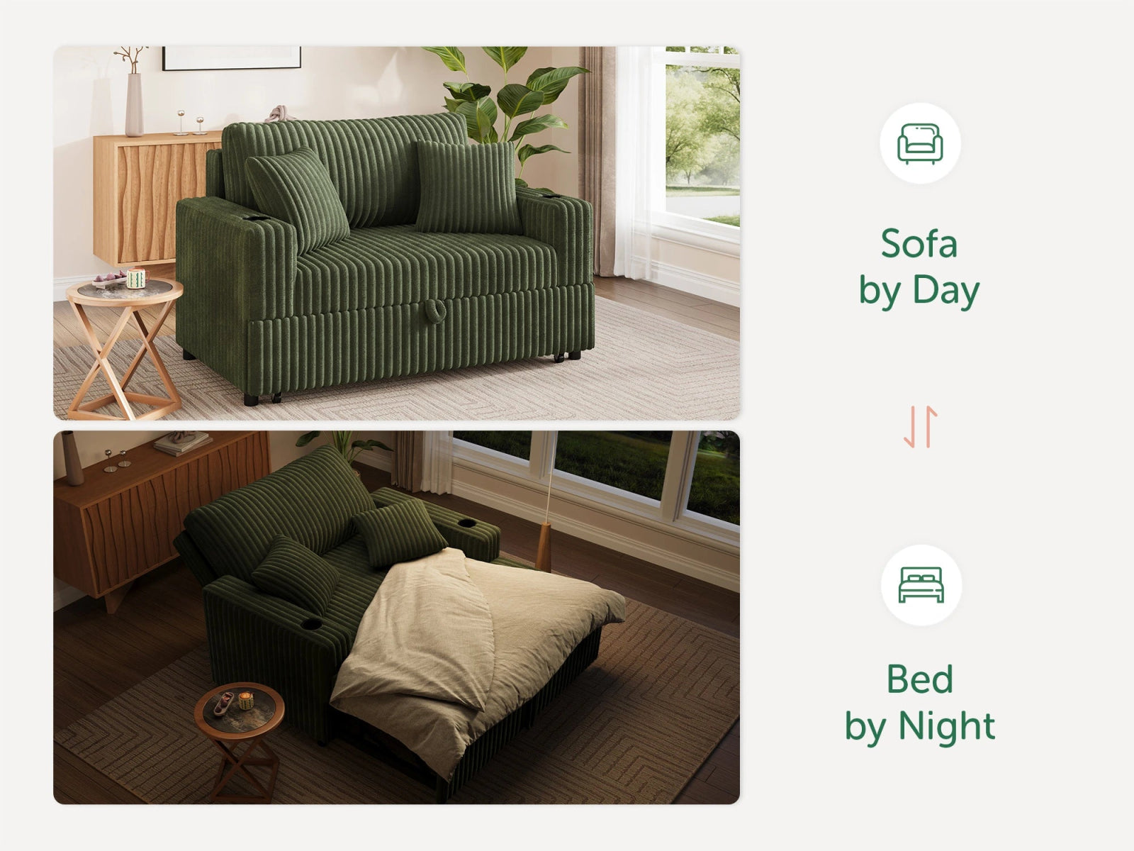 Wide Plush Corduroy Pull-out Sleeper Loveseat
#Color_Corduroy Green