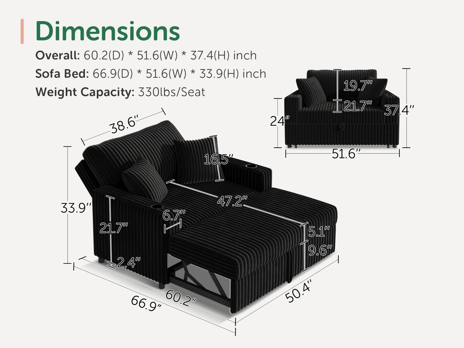 Wide Plush Corduroy Pull-out Sleeper Loveseat
#Color_Corduroy Black