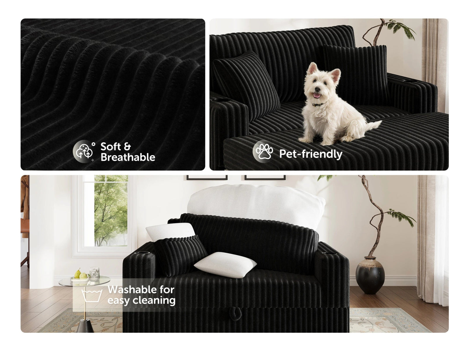 Wide Plush Corduroy Pull-out Sleeper Loveseat
#Color_Corduroy Black