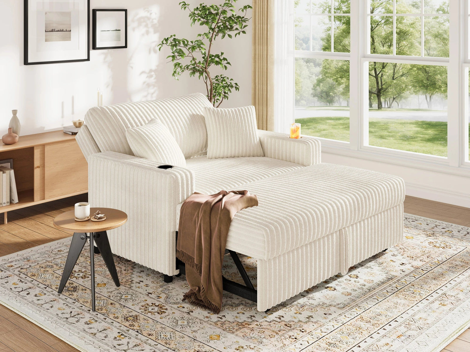 Wide Plush Corduroy Pull-out Sleeper Loveseat
#Color_Corduroy White