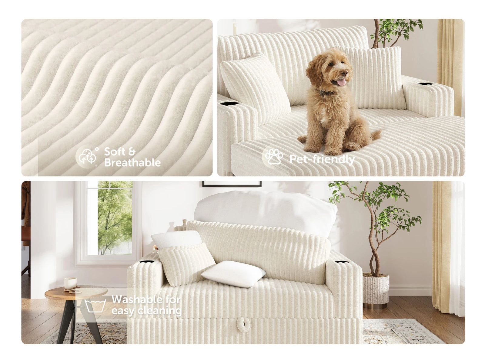 Wide Plush Corduroy Pull-out Sleeper Loveseat
#Color_Corduroy White