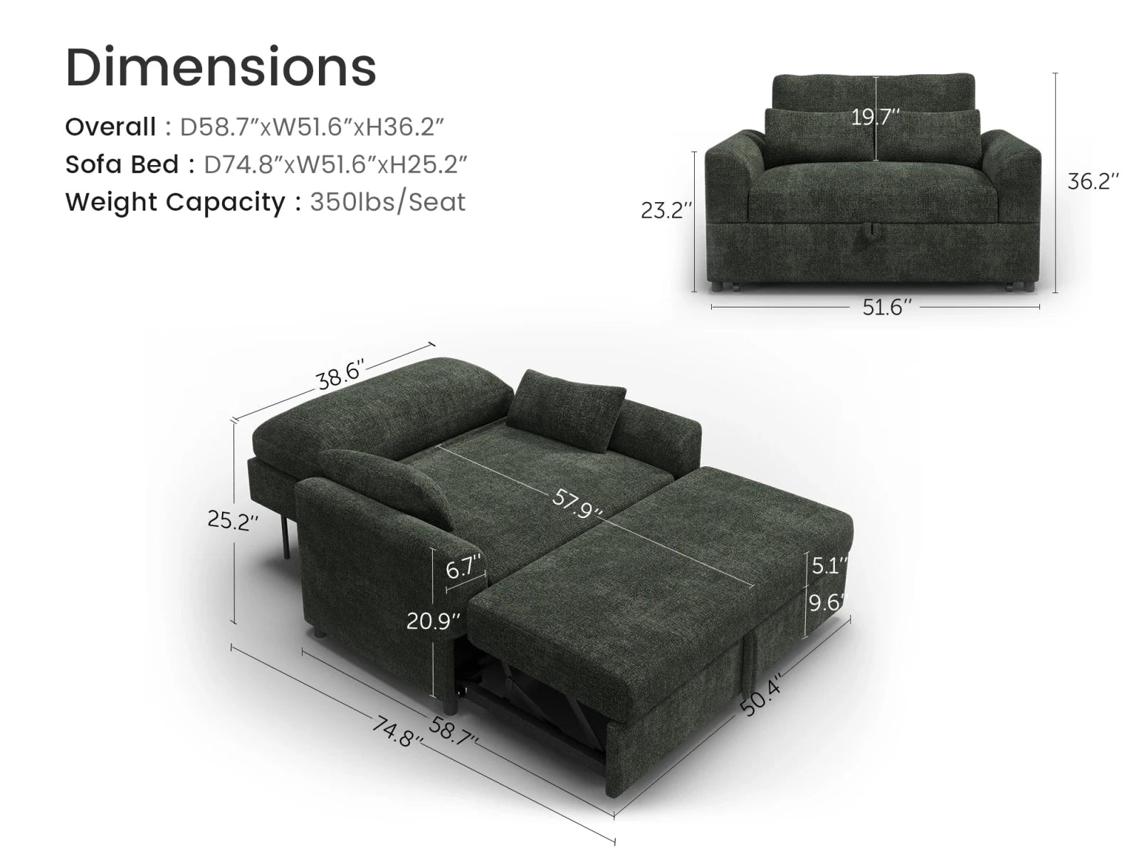 Isle Convertible Pull-Out Loveseat Sleeper
#Color_Chenille Green