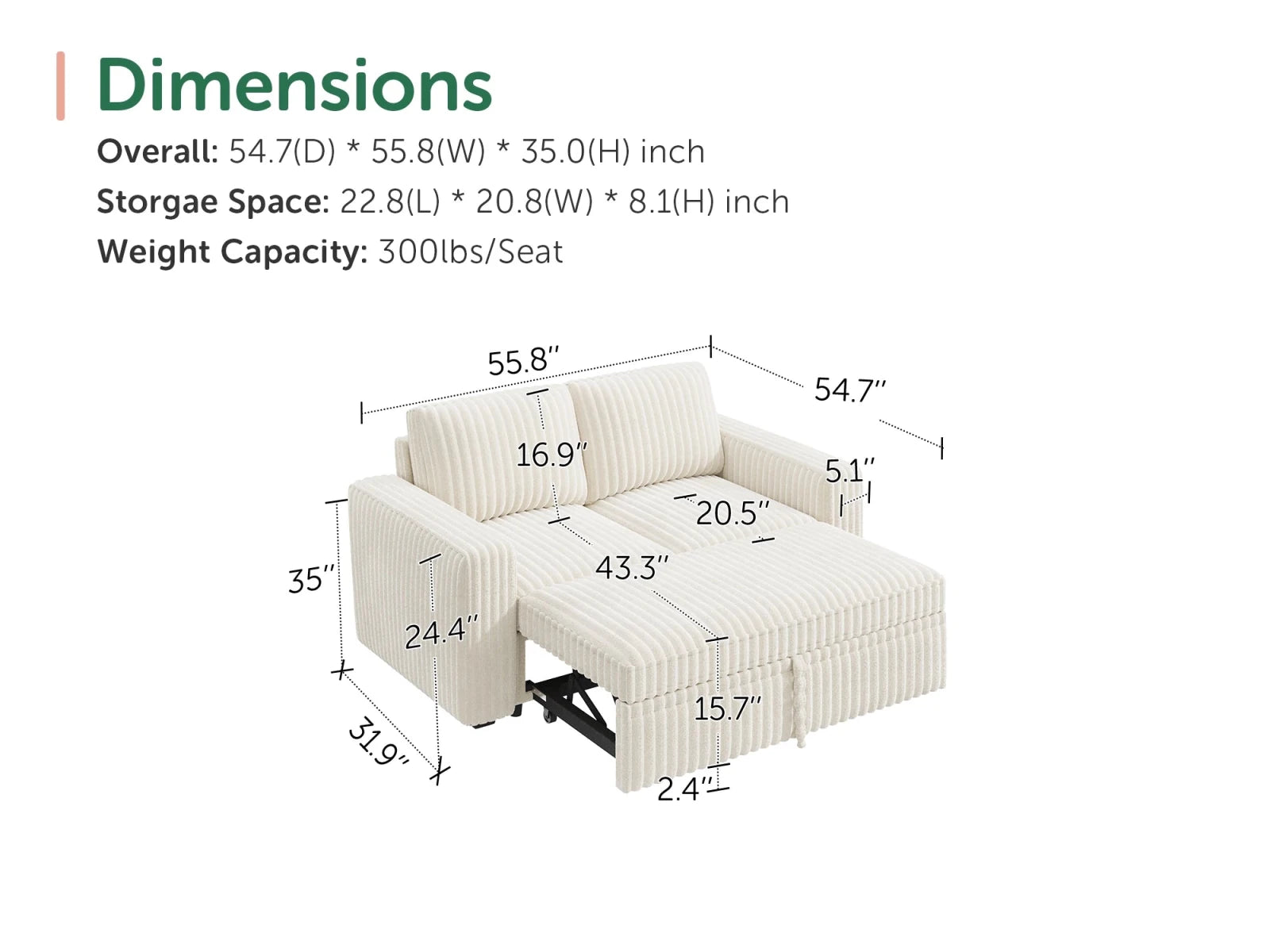 2-Piece Wide Plush Corduroy Modular Sleeper
#Color_White