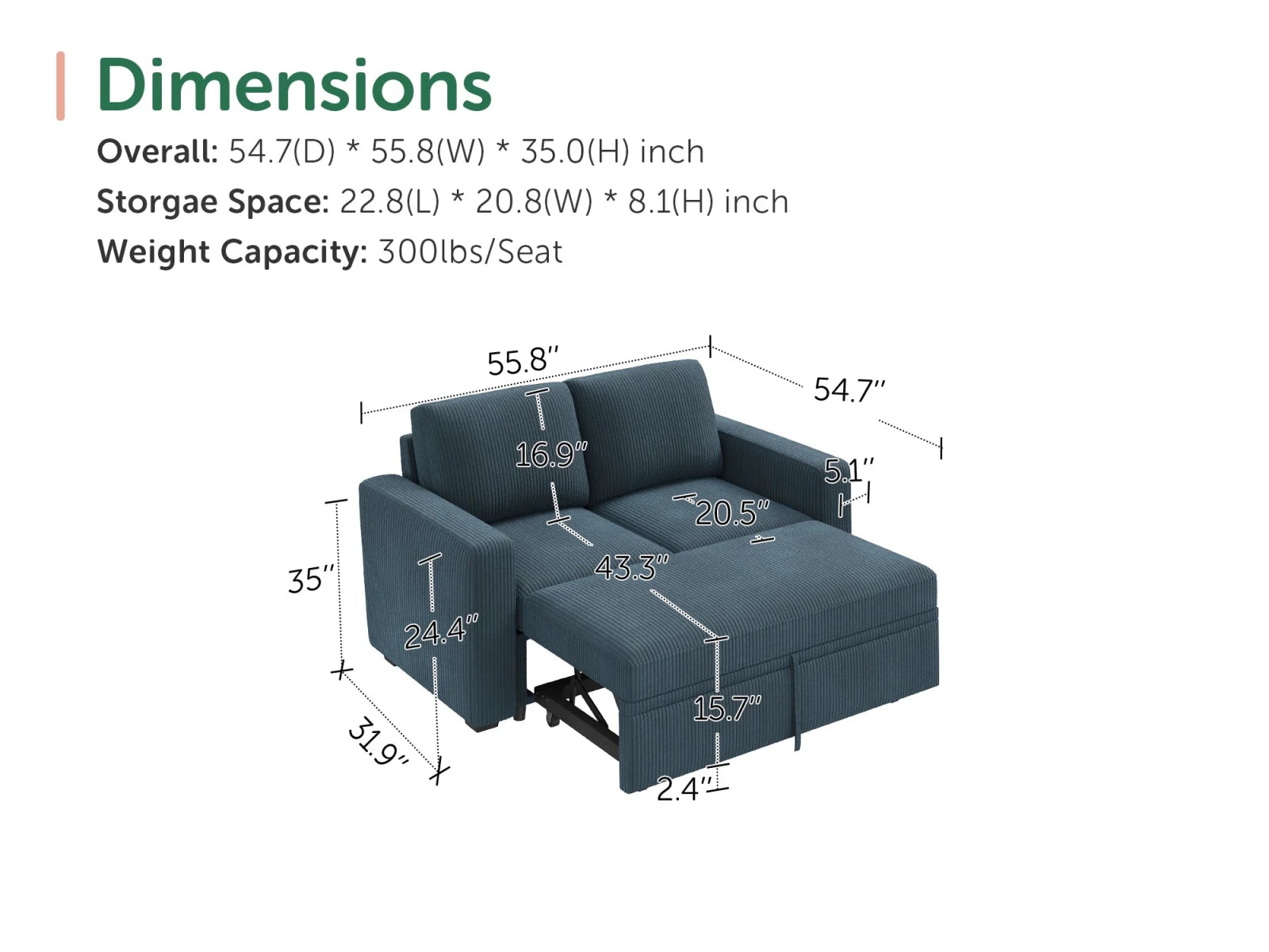 2-Piece Wide Plush Corduroy Modular Sleeper
#Color_Corduroy Blue