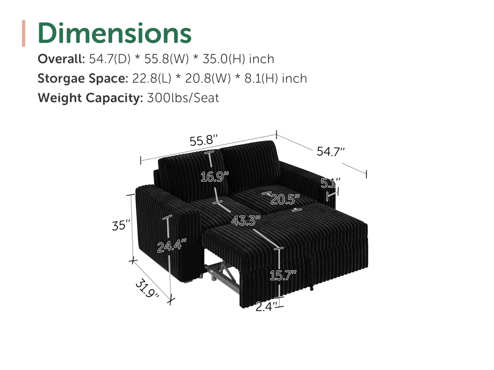2-Piece Wide Plush Corduroy Modular Sleeper
#Color_Black