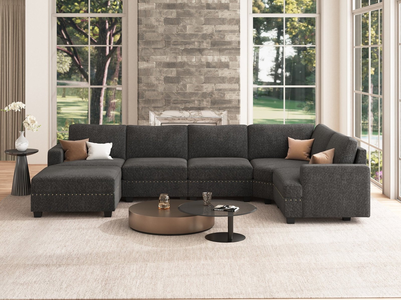 NOLANY U-Shaped Corner Modular Sofa Oversized Convertible Sectional Sofa Couch for Living Room #Color_Dark Grey
