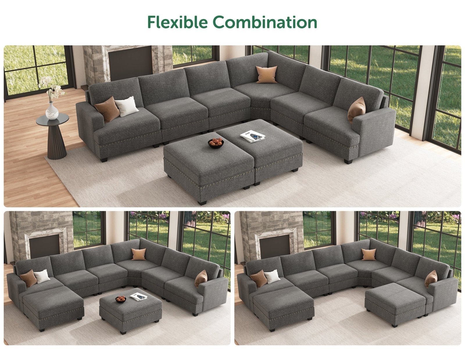 HONBAY 6-Seat Corner Modular Sofa Oversized Sectional Sofa Couch with Two Storage Reversible Ottoman #Color_Dark Grey