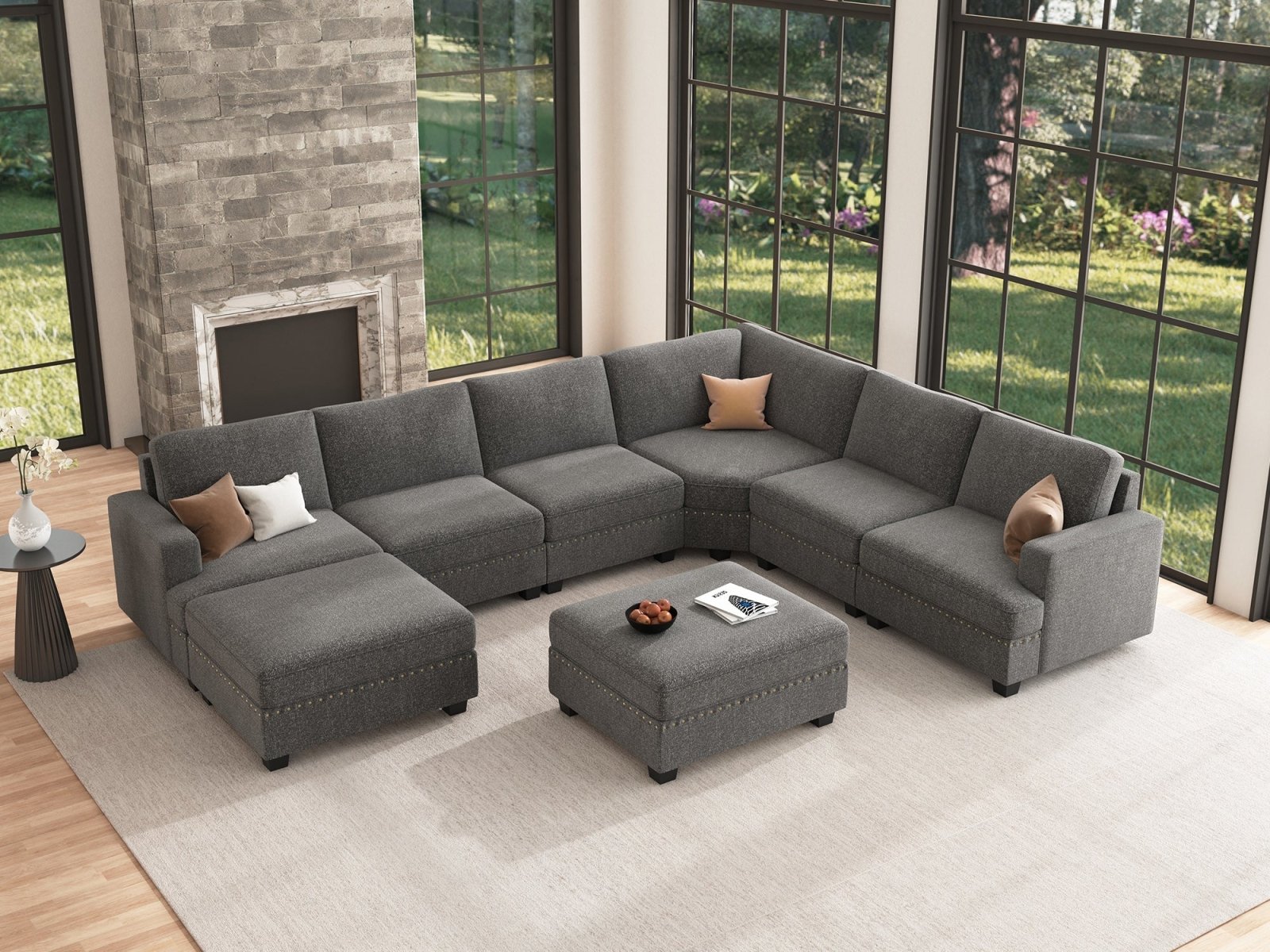 HONBAY 6-Seat Corner Modular Sofa Oversized Sectional Sofa Couch with Two Storage Reversible Ottoman #Color_Light Grey