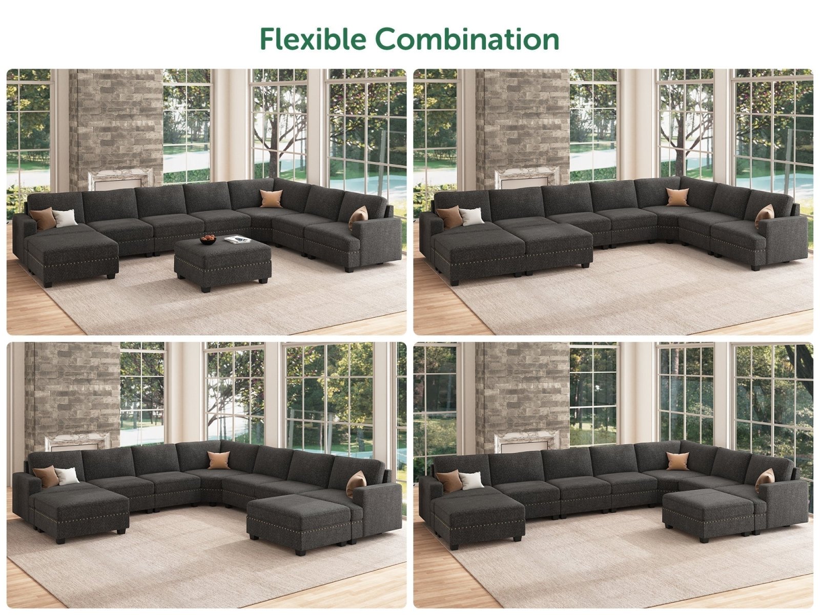 NOLANY 7-Seat Corner Modular Sofa Oversized Sectional Sofa Couch with Two Storage Reversible Ottoman #Color_Dark Grey