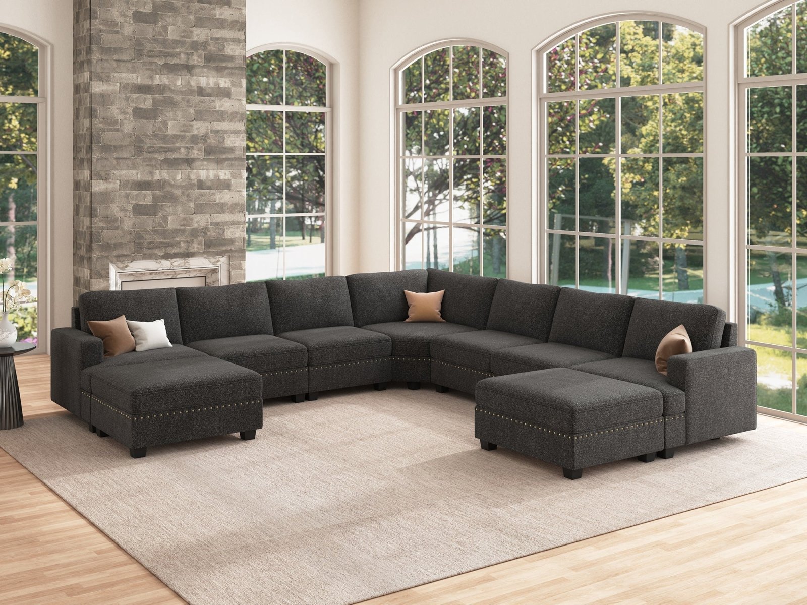 NOLANY 7-Seat Corner Modular Sofa Oversized Sectional Sofa Couch with Two Storage Reversible Ottoman #Color_Dark Grey