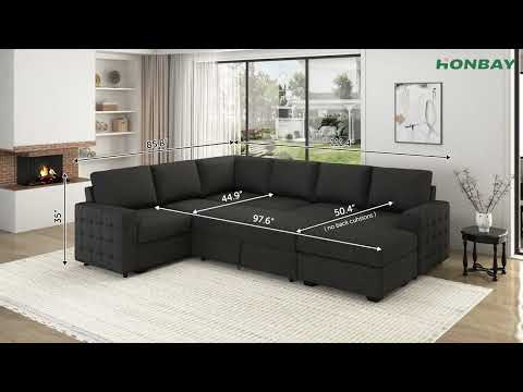 HONBAY 6-Piece Polyester Sleeper Sectional With Storage Space #Color_Grey