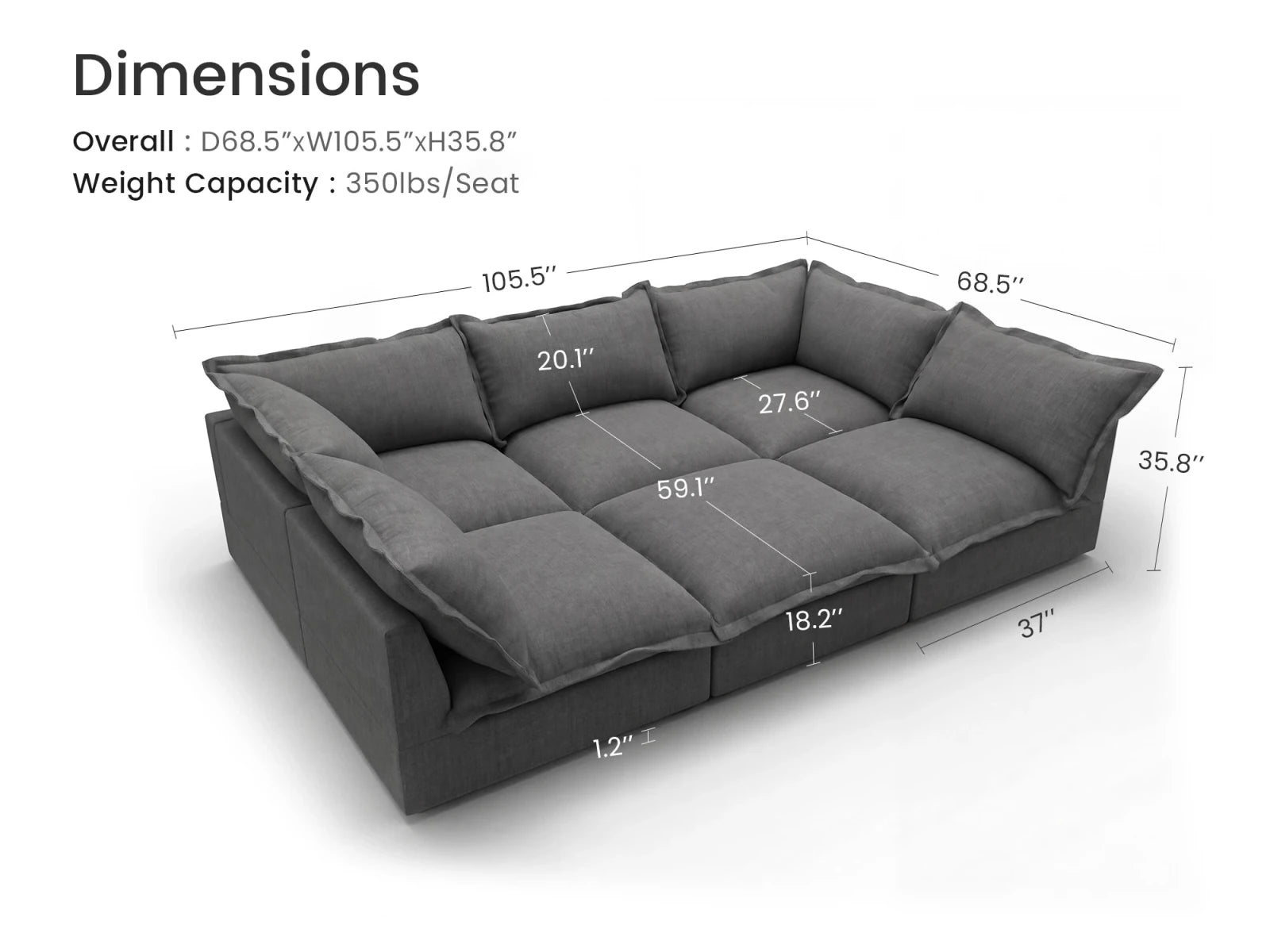 Vora 6-piece Cloud Modular Sleeper Sectional Sofa
#Color_ Gray