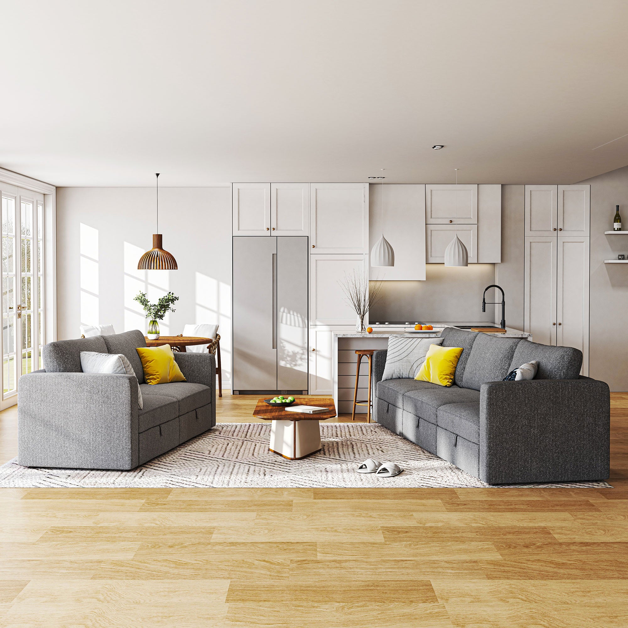 HONBAY Polyester Linen Grey Modular 2+3 Living Room Sofa Set with Hidden Storage Space