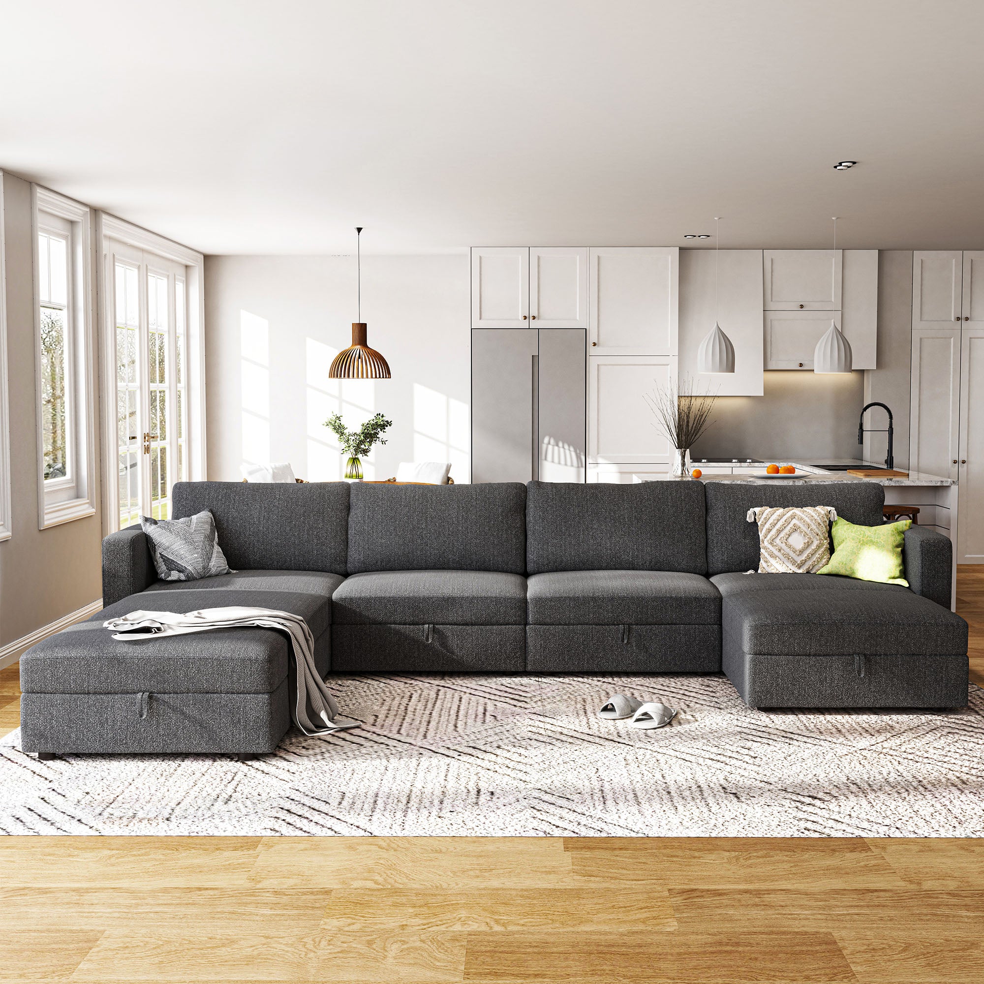 HONBAY Dark Grey Polyester Modular Sectional Sofa for Living Room