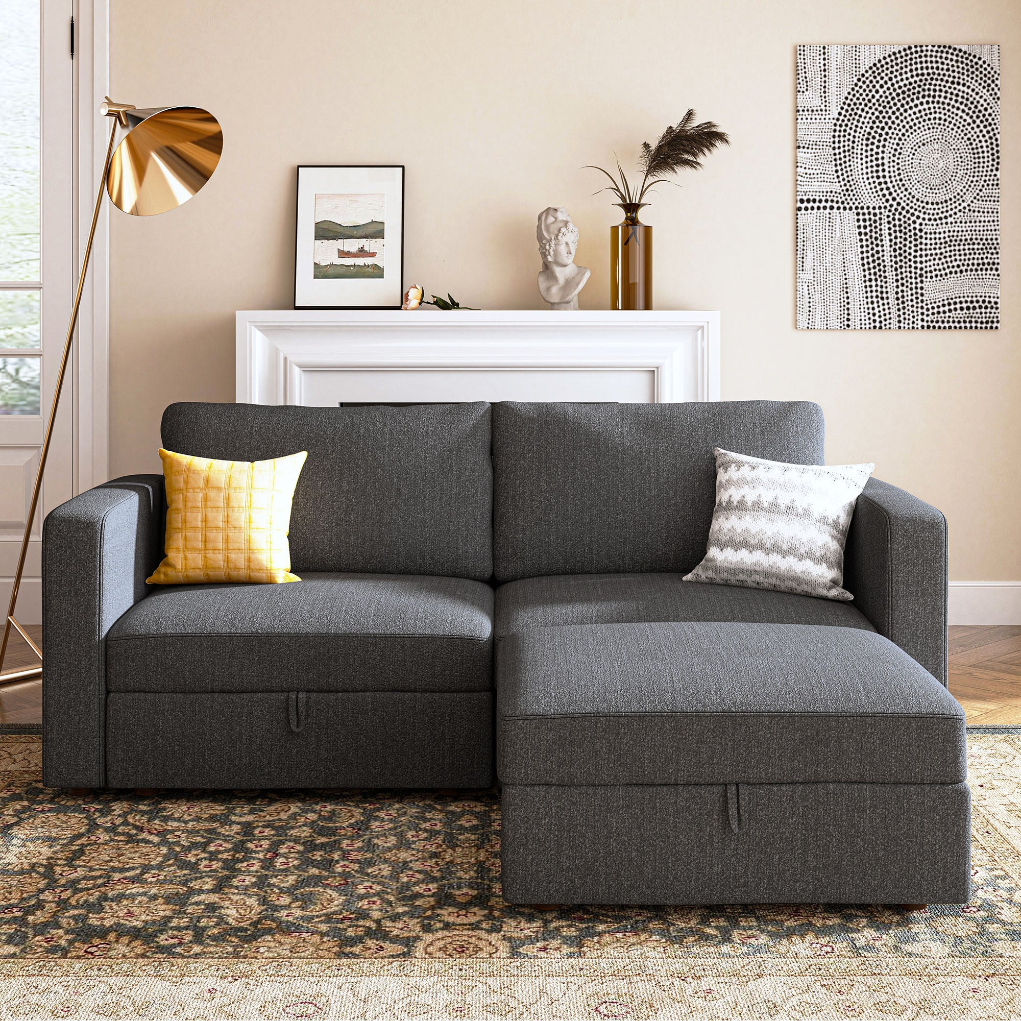 HONBAY Polyester Spacious Modular Loveseat Sofa with Reversible Storage Ottoman