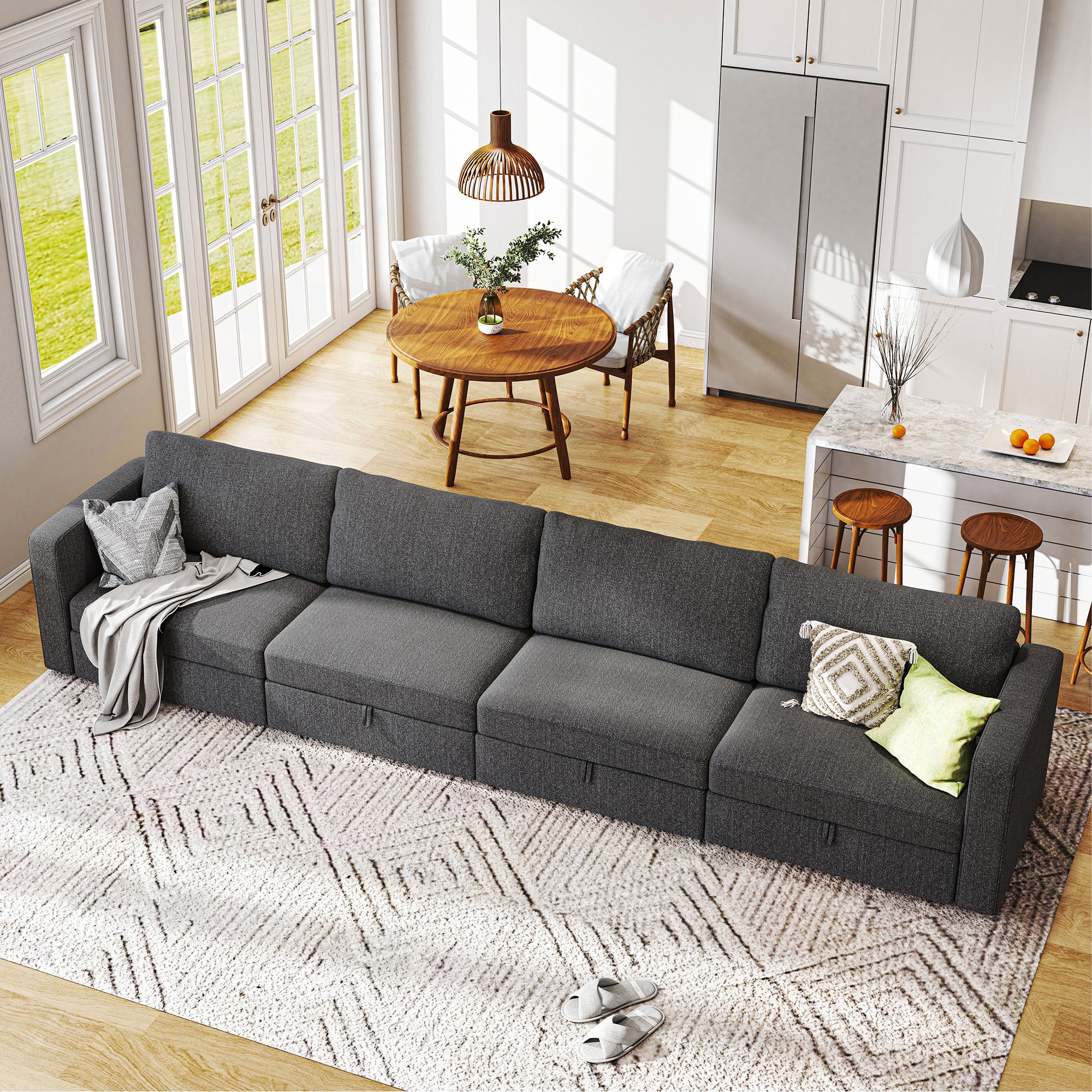 HONBAY Fabric Dark Grey 4 Seaters Spacious Modular Sectional Sofa for Living Room