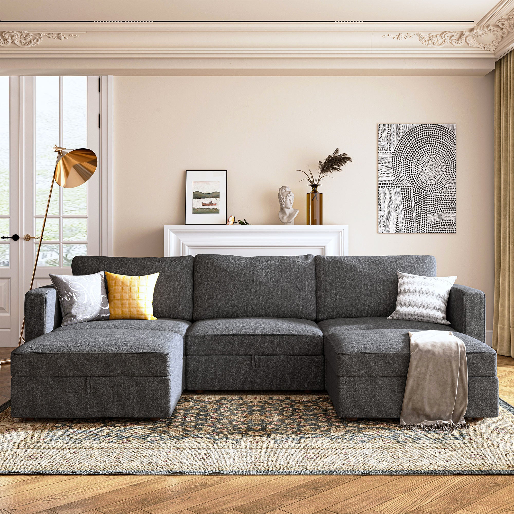 HONBAY Dark Grey Fabric Symmetrical U-shaped Modular Sofa Couch for Living Room