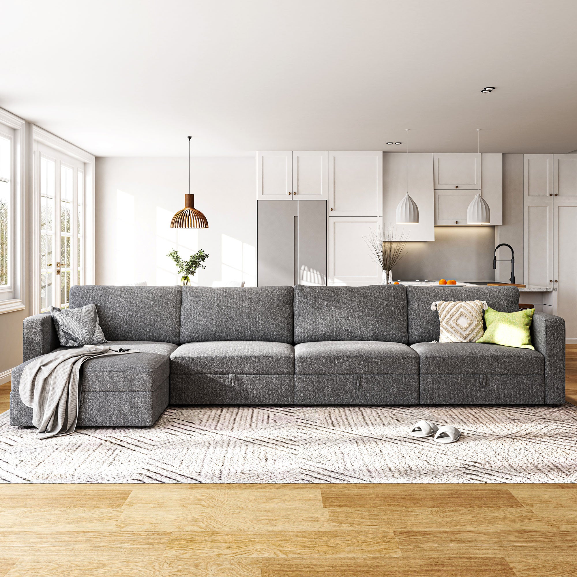 HONBAY Linen Grey Polyester L-shaped Spacious Modular Sofa for Living Room